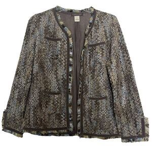 Sigrid Olsen Boucle Tweed Blazer Jacket Taupe Velvet Beaded Trim Fringe Medium